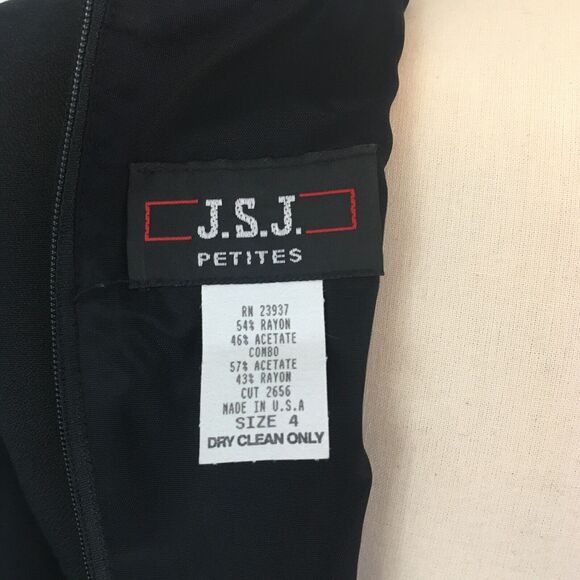 JSJ Petites Vintage 80s Black White Rayon Mod Peplum Dress 4, 34 bust Red Piping - Picture 9 of 9